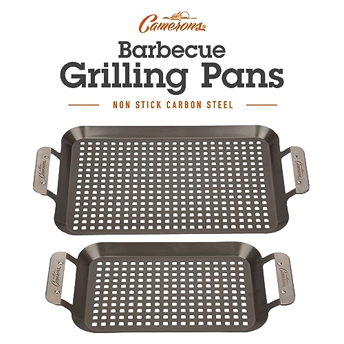 Camerons BBQ Grill Topper Grilling Pans (Set of 2)- Non-Stick Barbecue Trays w Stainless Steel Handles - Indoor Outdoor use for Barbecue & Smoked Meat, Vegetables & Seafood - Grill Essentials Gift Set