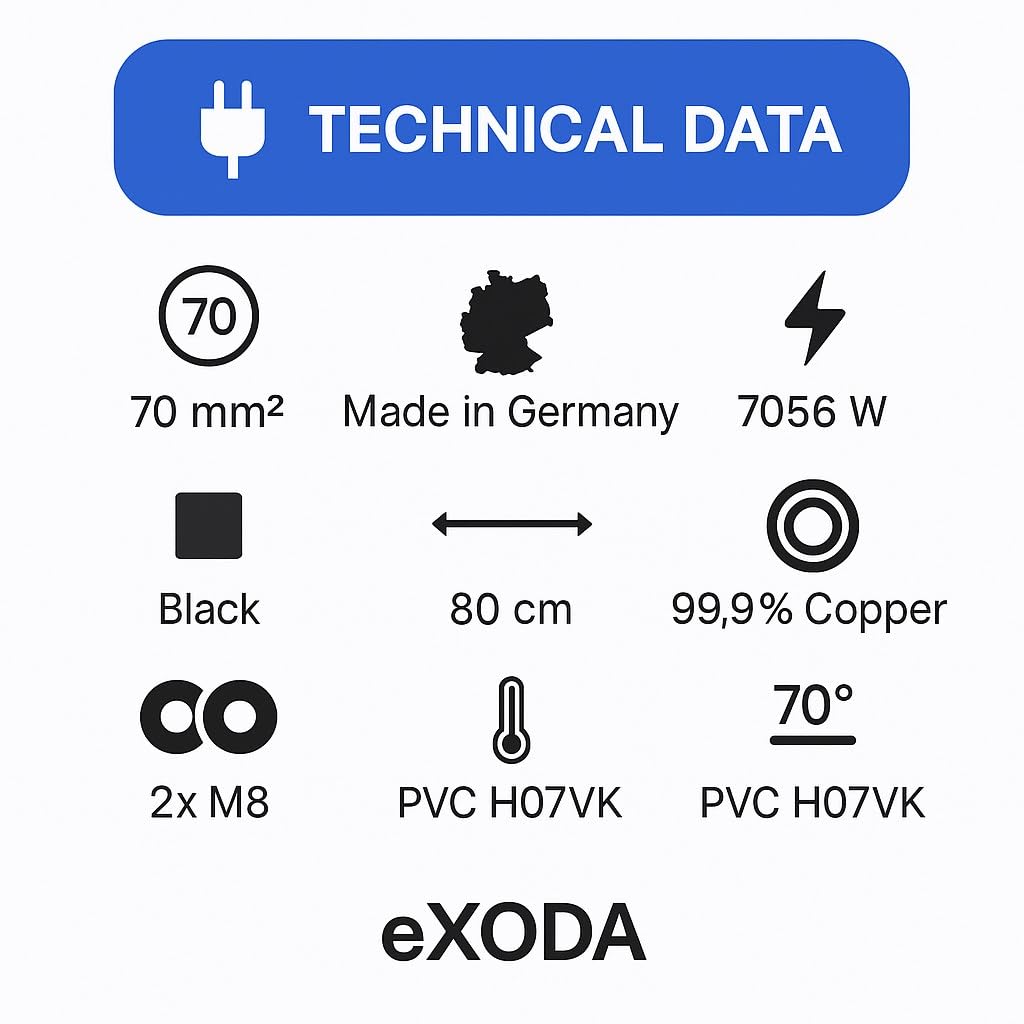 eXODA Câble de batterie 70 mm² 80cm avec cosses M8 en noir pour voiture bateau moto haute qualité en cuivre 99 pourcent résistant à la chaleur jusqu'à 70° pour utilisations variées