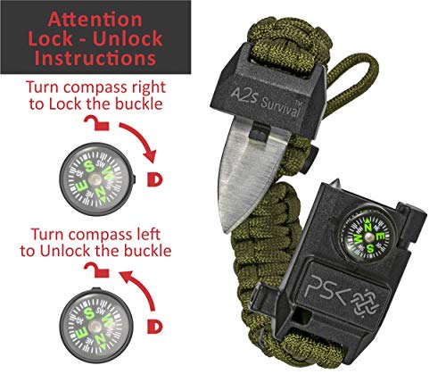 A2S Protection PSK Paracord Bracelet 8-in-1 Personal Survival Kit Urban & Outdoors Survival Knife, Fire Starter, Glass Breaker, Survival Whistle, Signal Mirror, Fishing Hook & String, Compass (Green)