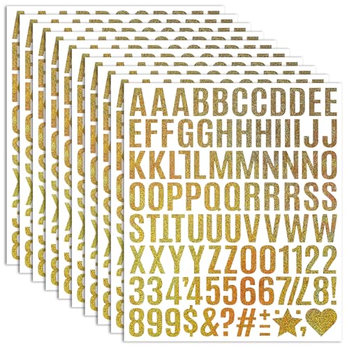 10 Sheets Small Letter Stickers - 1 Inch Glitter Gold Vinyl Self Adhesive Alphabet Number Stickers Stick on Letters for Arts Crafts Outdoor Sign Wall Mailbox Windows Doors Car Poster Board