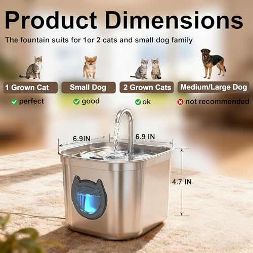 Cat Water Fountain for Drinking, 2.2L/74oz Stainless Steel Automatic Pet Water Dispenser with Filter - BPA Free, Ultra-Quiet Pump, LED Light & Easy Clean View Window for Cats and Dogs - Image 4