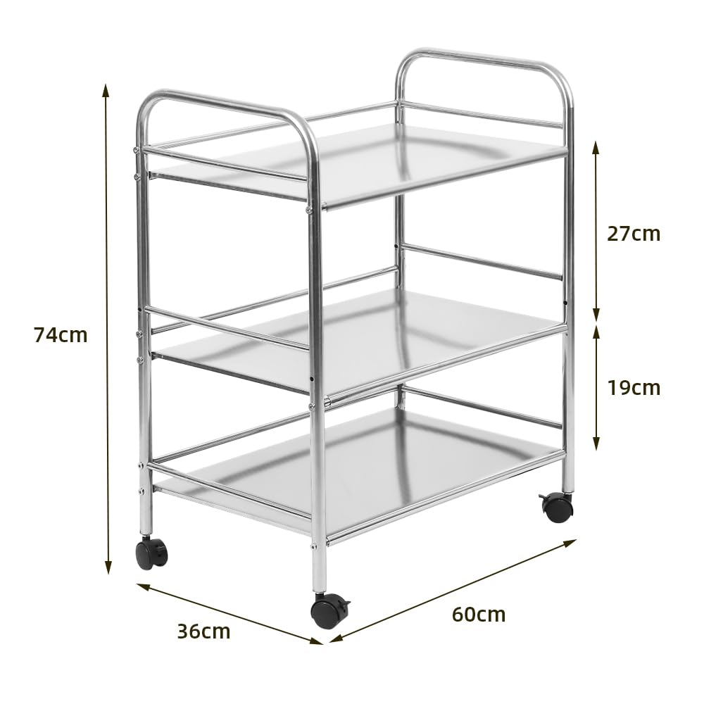 XANNI Carrello di servizio in acciaio inossidabile, carrello da laboratorio a 3 livelli con recinzione, con 4 ruote girevoli e freni di parcheggio, 61 x 36 x 75 cm