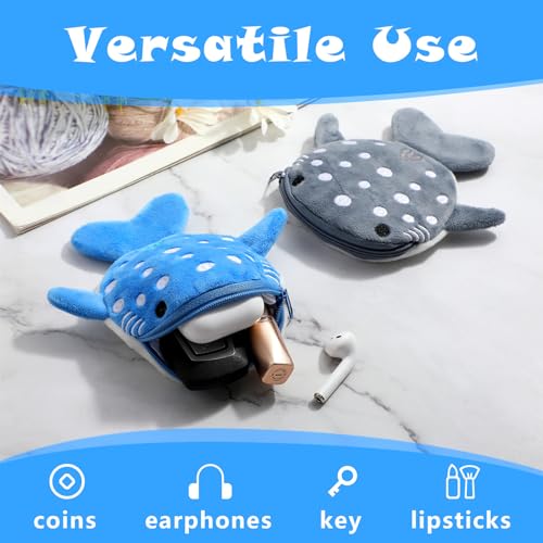 2Pcs Whale Shark Coin Purse, Mabor Cute Kawaii Wallet Whale Shark Dolphin Plush Coin Pouch with Zipper Mini Cartoon Pouch Portable Sea Animal Change Purse for Girls Women2