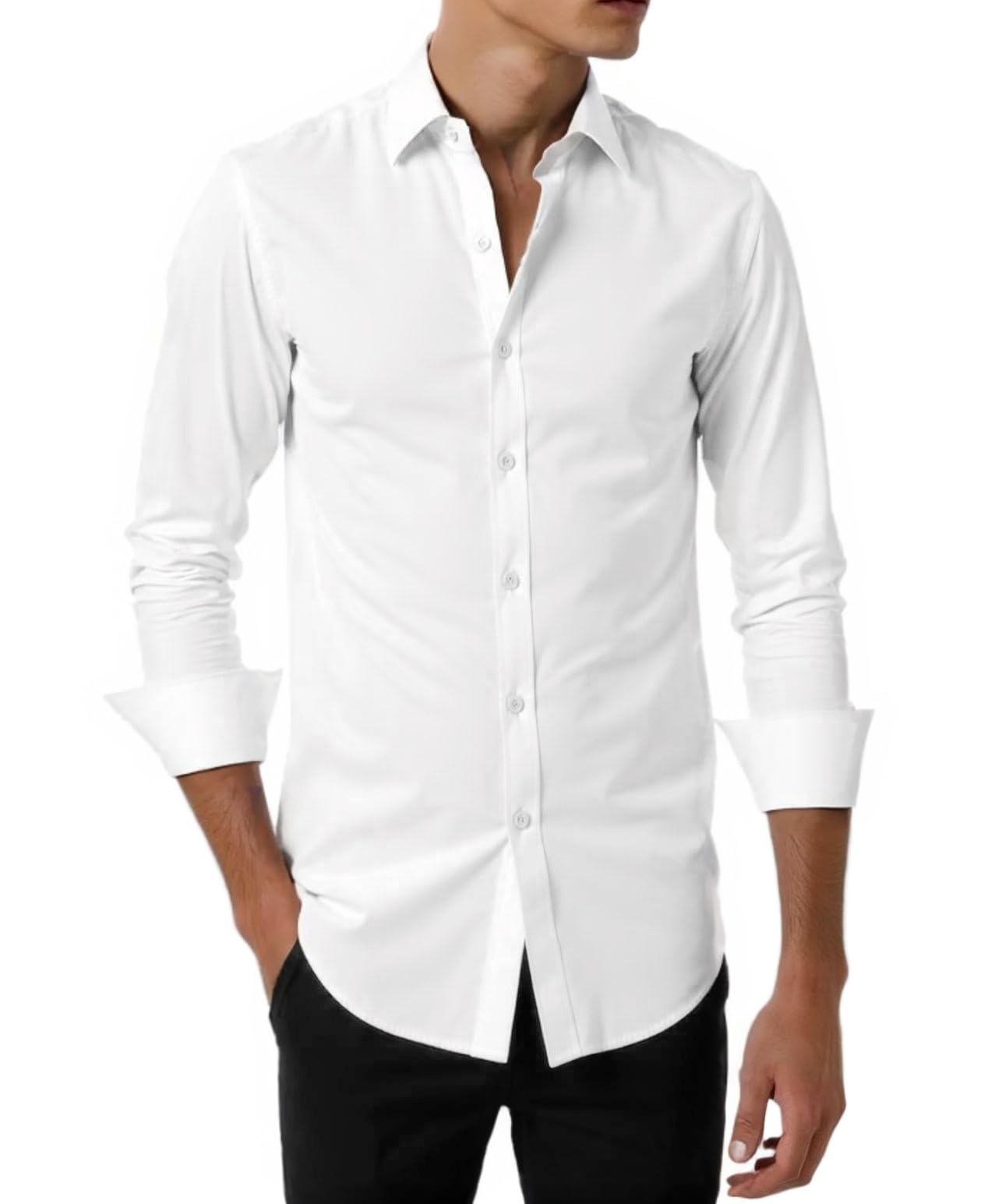 Runcati Men's Dress Shirts Solid Long Sleeve Regular Fit Formal Shirt Stretch Wrinkle-Free Business Casual Button Down Shirts White L