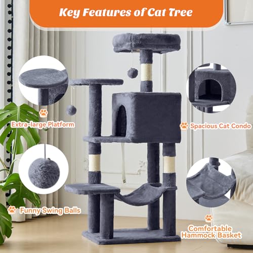 Image of Sweetcrispy 44 Inch Cat Tree Tower, Cat Climbing Tower with Natural Sisal Scratching Posts, Hammock, Pet Condo for Indoor Cats and Kittens Play, Dark Grey