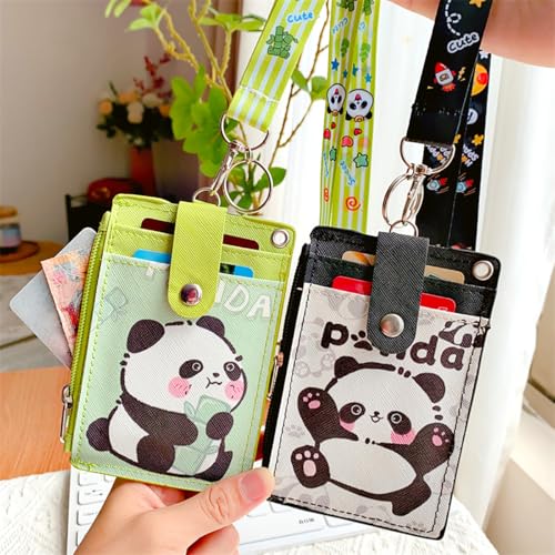 Image of 2 Pack Panda ID Badge Holder with Lanyard,Cute Work Badge Wallet with Zipper Pocket,3 Card Slots & Detachable Keychain for Nurse Teacher Student Office Staff