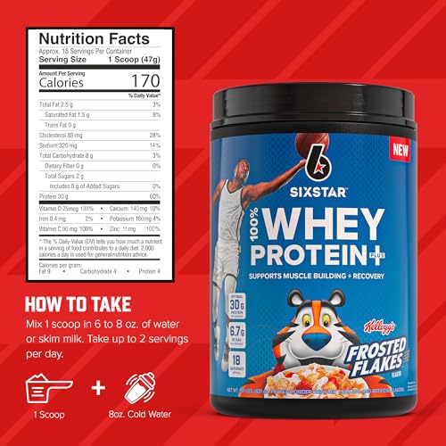Image of Six Star Whey Protein Powder Plus - Muscle Building & Recovery Formula with Whey Isolate Powder, BCAAs, 30g Protein, Immune Support - Post-Workout Supplement - Kellogg's Frosted Flakes Flavor, 1.8 lbs