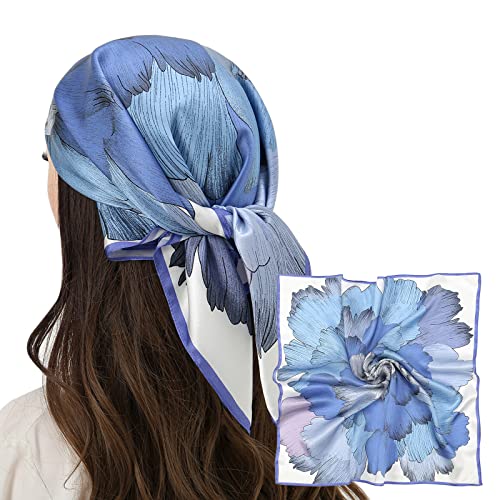 RIIQIICHY 100% Silk Hair Scarf 27x27 Blue Floral