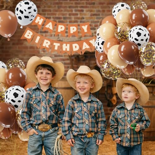 Image of Brown Western Balloons - 52pcs 12 Inch Coffee Light Brown Tan Nude Gold Confetti Cow Print Latex Balloons for Boy Cowboy Western Decor Birthday Farm Country Baby Shower Party Decorations