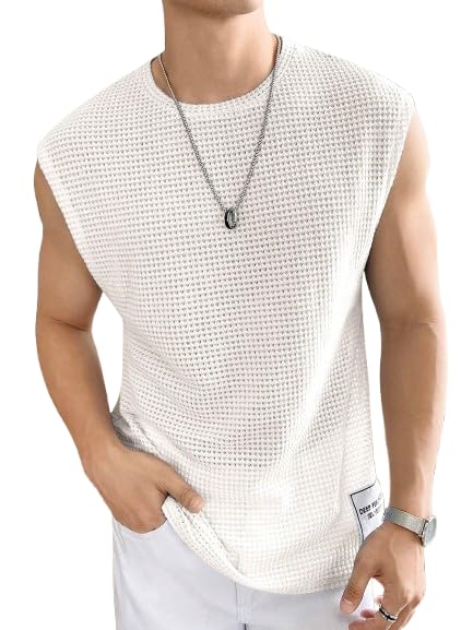 NETCLICK®Mens Waffle Tank Tops Sleeveless Round Neck Polycotton Vest,Sando & T-Shirt for Gym, Running and Outdoor