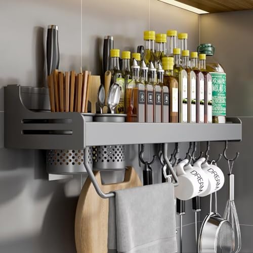 Estante de pared para especias con pegamento sin clavos, color gris, estantes de almacenamiento de cocina de 60 cm para tarros de condimentos y utensilios