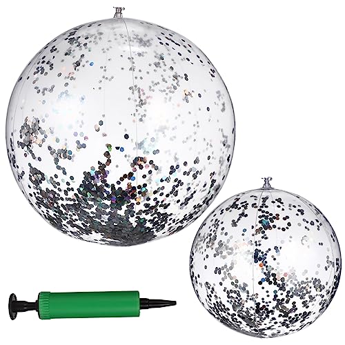 DECHOUS 2 Pcs Glitter Confetti Inflatable Beach Balls Pool Game Props with Pump for Sparkling Sequin Design for Summer Fun and Outdoor Activities