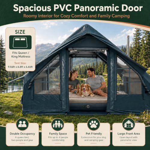 Carpa Inflable para Camping con Bomba de Aire Eléctrica - Carpa Cabina Inflable de Oxford 420D Resistente - Inflado Automático en 5 Minutos con Claraboya Panorámica y Chimenea para Camping 4 Estaciones (4-6 Personas) miniatura 4