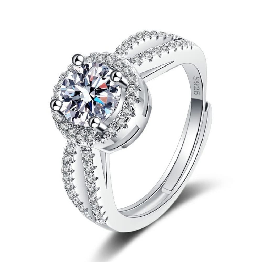 Fashion Ring moissanite Ring Female Luxury Double arm Diamond Round Package Ring Female 1 Carat Anniversary Engagement Split Wedding Ring Ladies Engagement Ring CZC476 (White Gold)