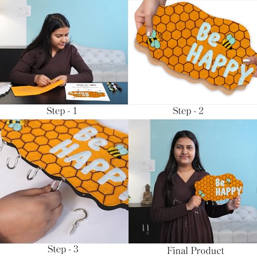 Image of picknMAKE DIY Embroidery Keychain Holder Kit - Stitch, Assemble, and Craft a Cloud-Shaped Be Happy Key Organizer with Hooks & All Material Included, Create a Personalized Wall-Mounted