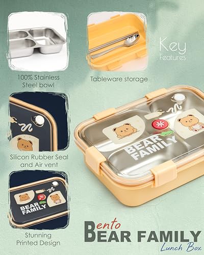 Image of Brand Conquer Lunch Box Leak-Proof BPA Free Stainless Steel for School, Lunch Box for School & Office with a Fork, a Spoon and a Pair of Chopsticks (Yellow, Bear Family 3 Compartment)