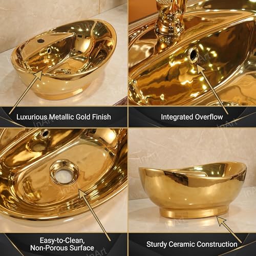 Image of InArt Ceramic Oval Gold Color Vanity Wash Basin, 59 x 39 x 21 CM, Luxurious Bathroom Sink