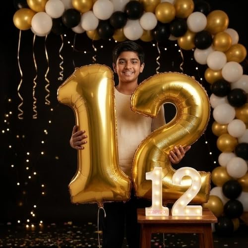 Image of Balloonistics Gold 40-Inch Foil Number 12 Balloon with Matching LED Marquee Light - Combo Set for 12th Birthday, Anniversary, Party Decoration, Photo Booth Backdrop