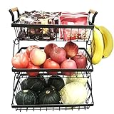 CD HOME Large Fruit Storage Basket with 2 Banana Hangers, Countertop Fruit Vegetable Basket Bowl for Kitchen Counter Metal Mesh Basket Fruits Stand Produce Holder Organizer (3 Tier Black)