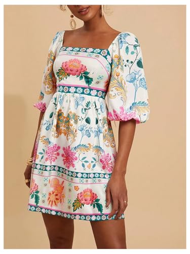 Floerns Women's Floral Tie Back Puff Sleeve A Line Dress Square Neck Boho Dresses2
