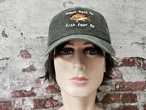 Women Want Me Fish Fear Me Embroidered Washed Dark Gray Baseball Caps For Men, Adjustable Animals Cotton Snapback Embroidery Trucker Hat Dad Hats #TOP5