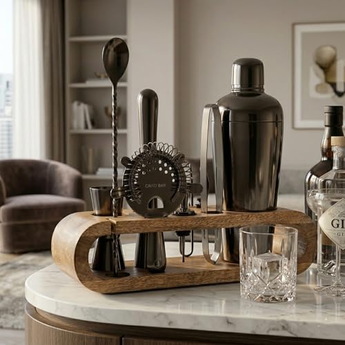 Image of Car-O-Bar Gun Metal Bar Set with Stand | 10 Piece Bartender Kit :Cocktail Shaker, Bar Spoon, Jigger, Muddler, Strainer, Wine & Beer Bottle Opener, 2 Pour Spouts, Tong, Wooden Stand with Handles