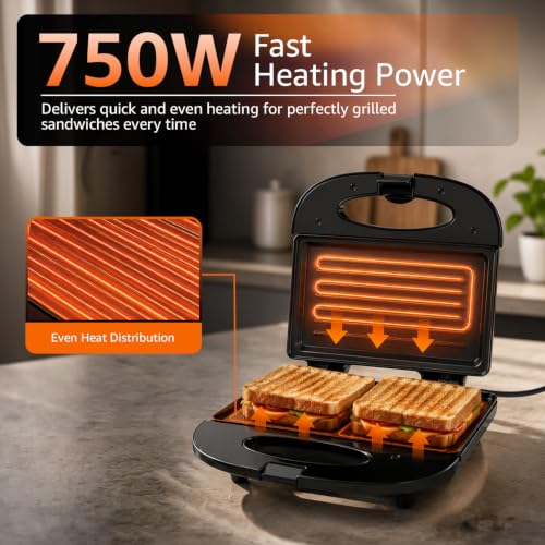 Image of Amazon Basics 2-Slice Sandwich Maker 750W | Non-Stick Coated Plates | Thermostatic Temperature Control | Cool-Touch Handle | Power & Ready Indicator Lights | Overheat Protection | Upright Storage Design | BIS Certified | Black
