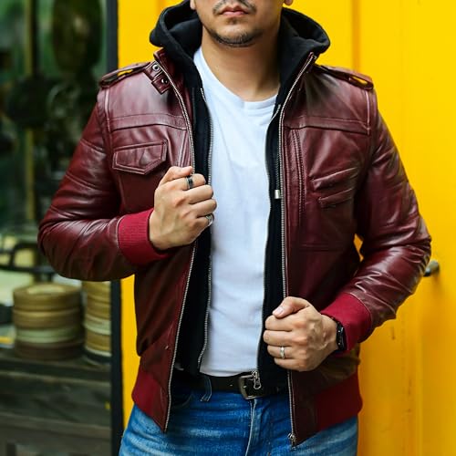 Image of Jild Hooded 2.0 Leather Jacket Men - Genuine Lambskin Leather Bomber Jacket with Removable Hood for Mens Fashion