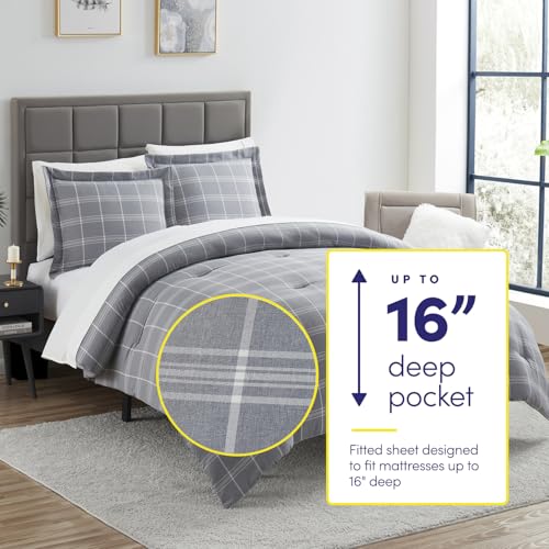 7 Piece Comforter Set Bag Solid Color All Season Soft Down Alternative Blanket & Luxurious Microfiber Bed Sheets, Full, Gray Plaid