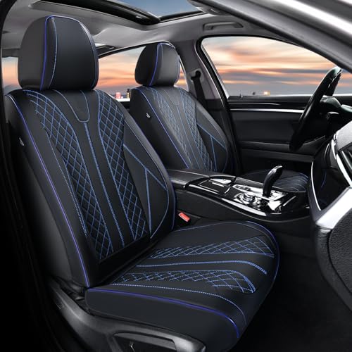 Image of FLORICH Automotive Car Seat Covers Front Seat, Leather Car Seat Cover 2 Pack Waterproof Front Seat Covers Full Coverage Driver Seat Protector Universal Fit for Most Cars SUV Trucks, Black&Blue Line