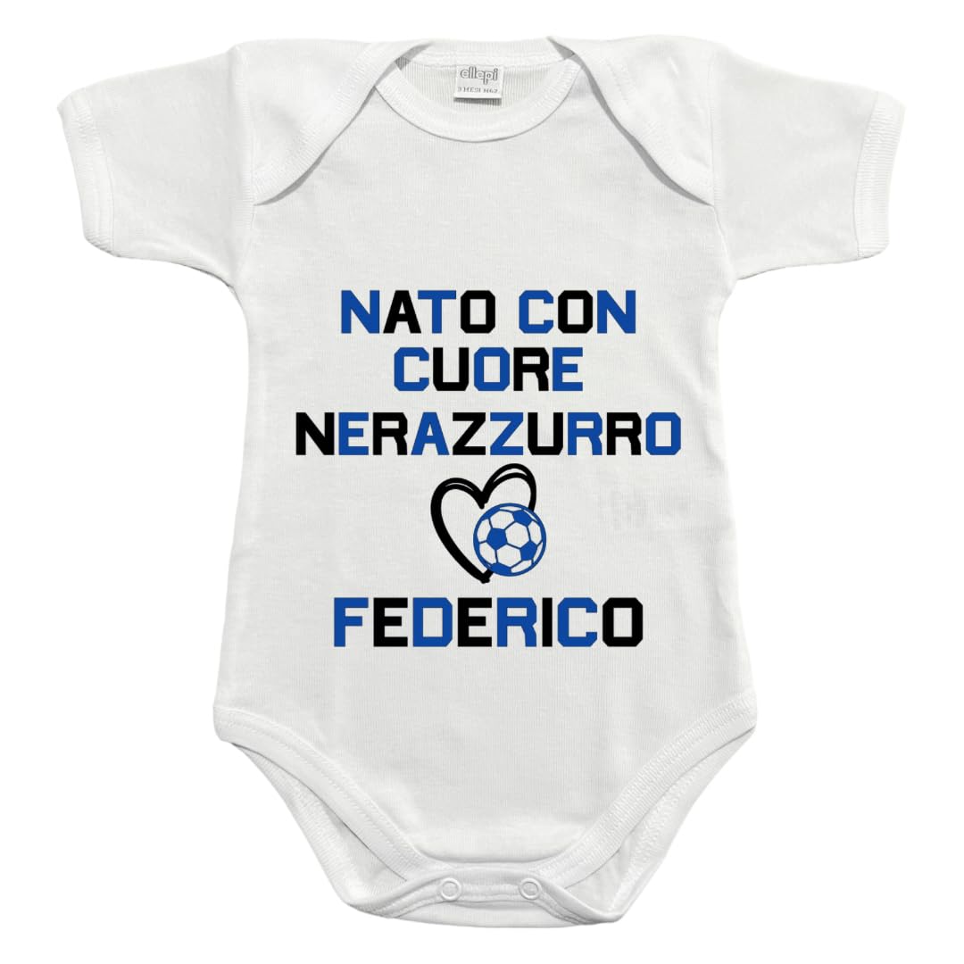 Body Neonato Inter “Nato con Cuore Nerazzurro” – Personalizzabile con Nome – Regalo Tifoso Bebè Interista – 100% Cotone – 0-24 Mesi, Morbido e Traspirante - Idea Regalo Originale Divertente Unisex