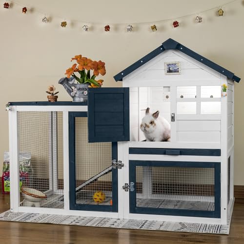 FunXplore Bunny Hutch Indoor Outdoor Rabbit Cage Chicken Coop Animal House with Wire Floor Above Pull-Out Tray, Chew-Resistant Ramp & Entrance, Openable Waterproof Roof & UV-Resistant Roof
