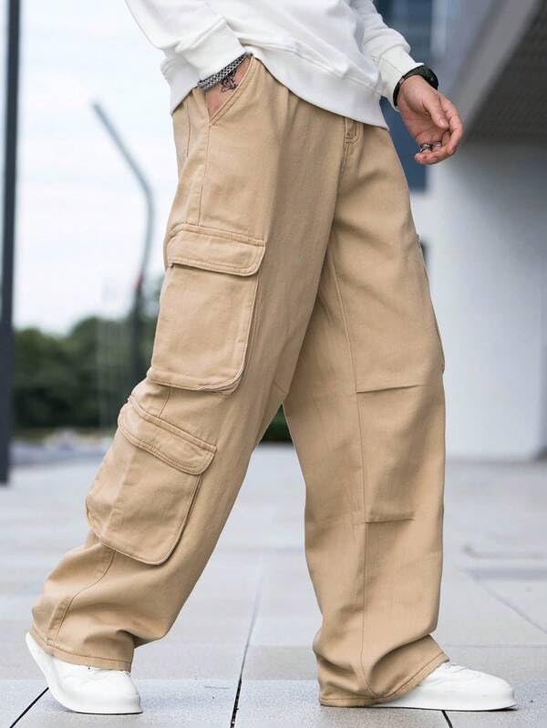 Image of Men's 8 Pocket Cargo Pants | Premium Cotton Twill Baggy Fit Trousers | Stretchable Casual Streetwear Cargos | Mid Rise