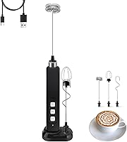 Theresduet Rechargeable Handheld Milk Frother with 3 Stainless Whisks, 3 Speeds, Charging Base - Coffee, Matcha, Protein Shakes Mixer