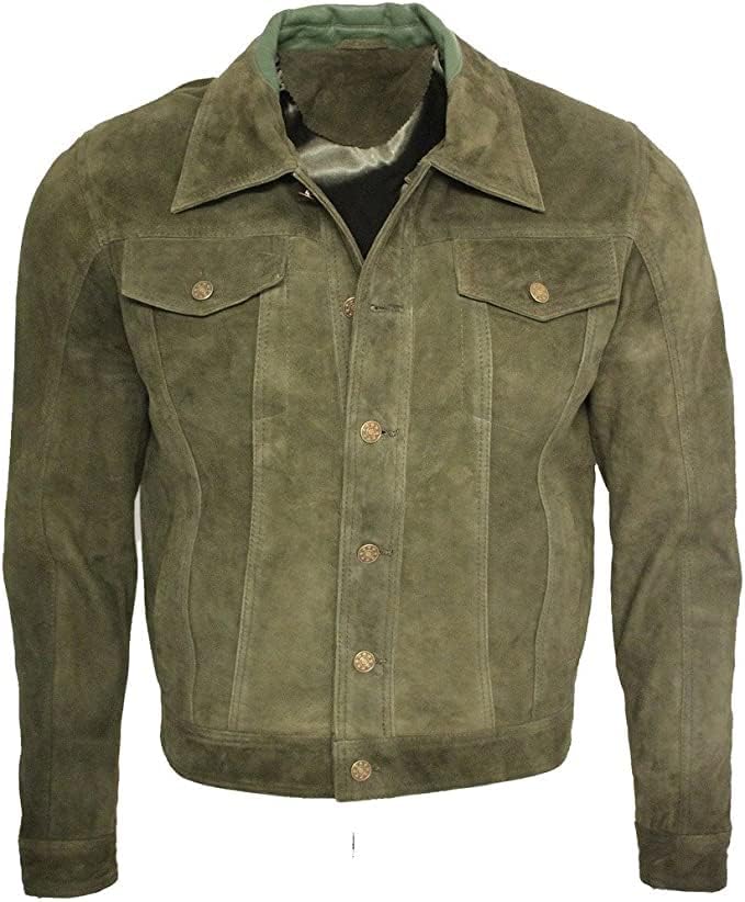 Image of Vintage Trucker Suede Leather Jacket Men - Classic Denim Biker Cafe Racer Causal Western Jacket