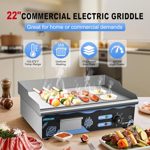 AiedCom 22 Inch Commercial Electric Griddle, Countertop Griddle with Non-stick Flat Top Grill, Stainless Steel Kitchen 2500W Electric Griddle for Home or Restaurant