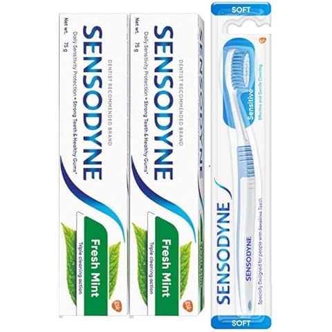 2 Pack Sensitive Fresh Mint Toothpaste for Sensitive Teeth 75g (2.64 oz) Bundle with Sensitive Soft Toothbrush Cover