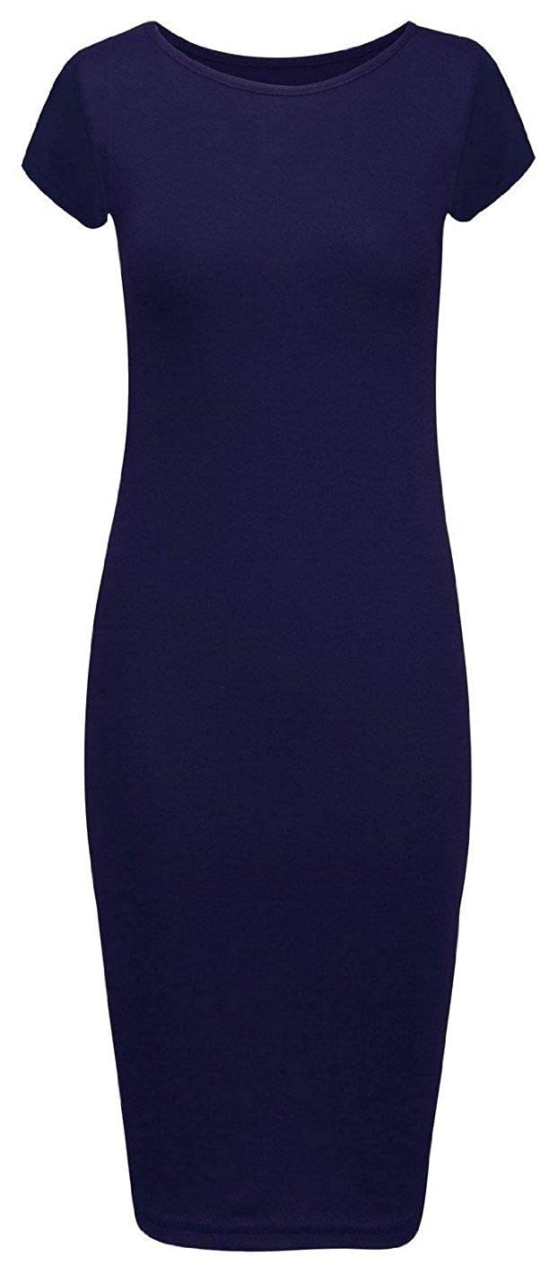 Crazy Girls Girls Navy Plain Crazy Womens Cap Sleeve Stretch Bodycon Wiggle Pencil Long Midi Dress 8-22 (M/L-Uk12/14, )
