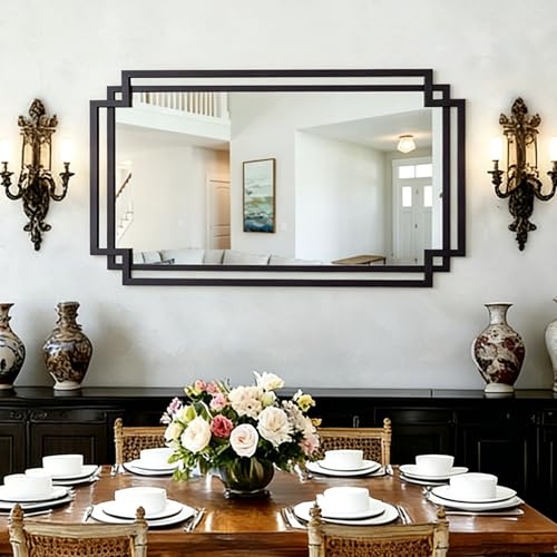 Image of 24 inch x 47 inch Large Black Mirror for Wall Decor, Elegant Living Room Mirror with Irregular and Rectangular Metal Frame, Modern Bathroom Mirror Above Sink