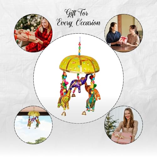Image of Rajasthani Multicolor Elephants Jhoomer with Bell - Decorative Wind Chimes for Door & Wall Hanging, Ideal Home Decor & Gift Showpiece (Yellow)