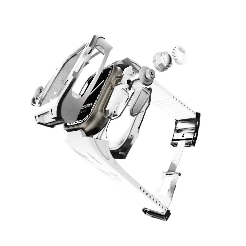 Romluous Titanium Alloy Case for Apple Watch Ultra 2 49mm Fluorine Rubber Band Metal Folding Clasp for Men for Iwatch Ultra2 (Color : S-w, Size : 49mm)