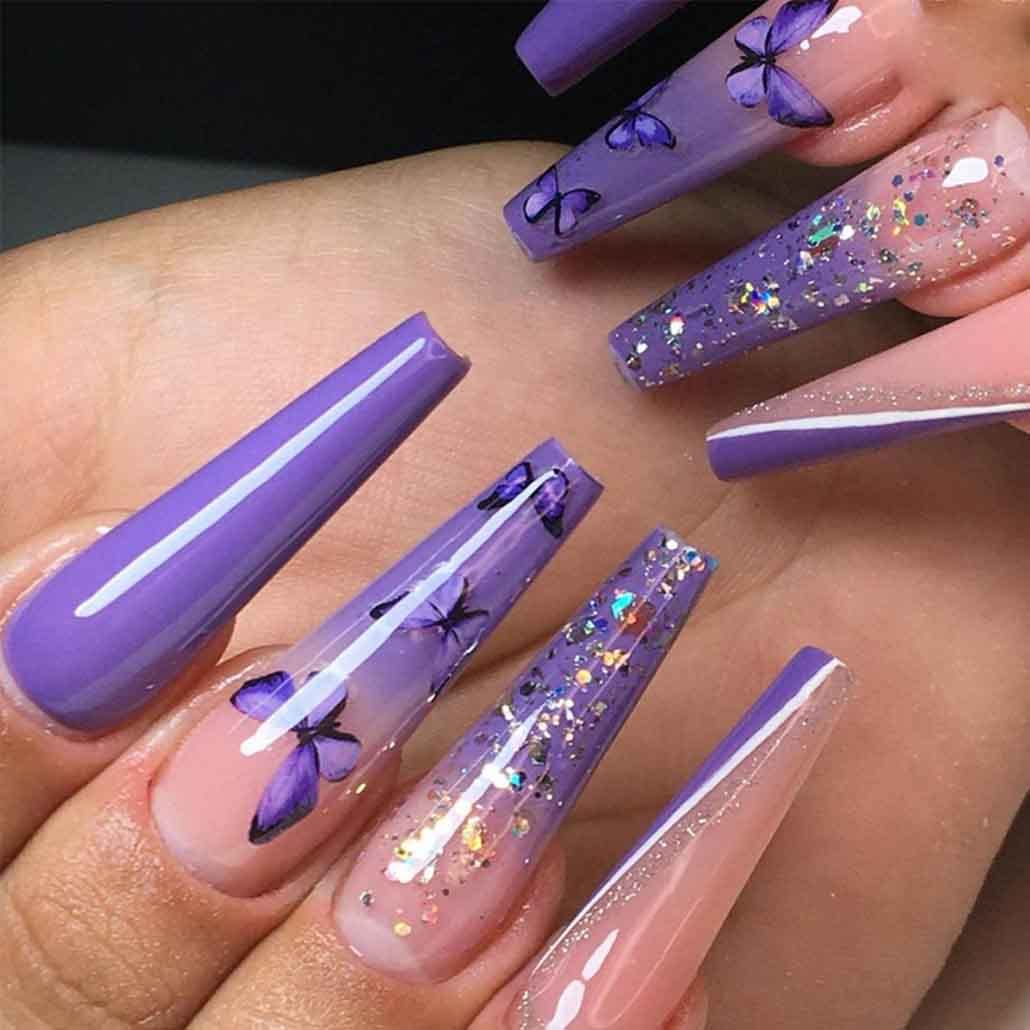 Foccna Purple Press on Nails Long Butterfly Fake Nails