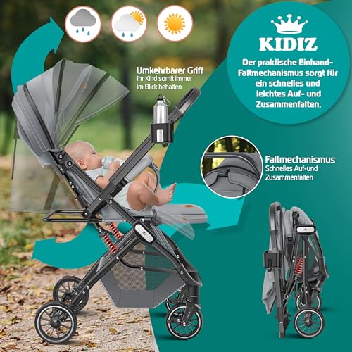 KIDIZ® Kinderwagen Kinderbuggy klappbar Liegebuggy Sportwagen Faltbar 360° Räder 5-Punkt Gurt Inkl. Fußsack, Getränkehalter, Regenabdeckung & Moskitonetz verstellbare Rückenlehne & Sonnenverdeck