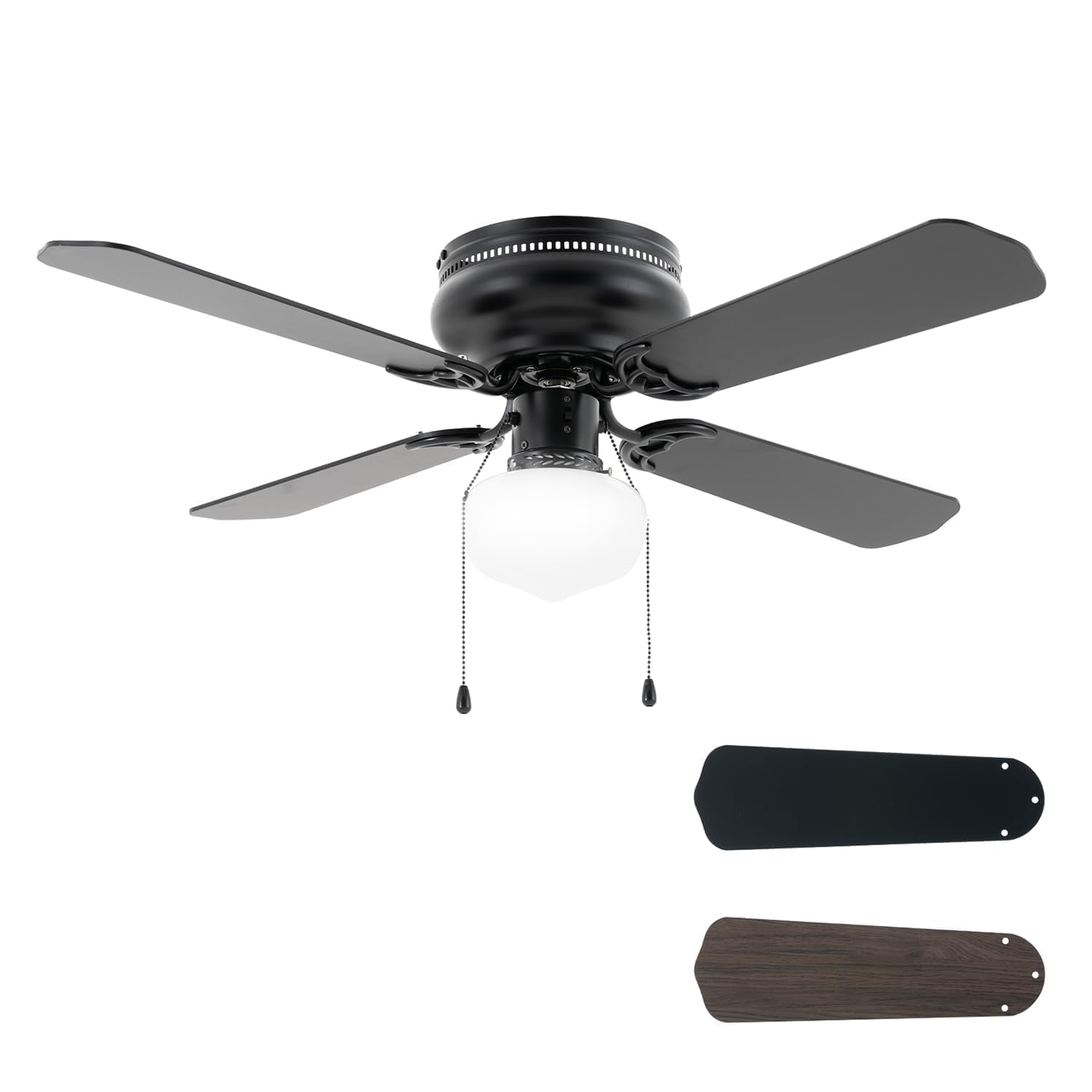 Photo 1 of ****MISSING THE GLASS SHADE********Vagizm 42 Inch Ceiling Fan Traditional: Flush Mount with LED Light - Pull Chain Control- Dual Finish Blades - Reversible for Bedroom, Home Office?Matte Black?