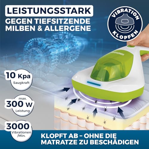 CLEANmaxx Milbensauger für Matratzen mit UV-C-Licht | Matratzenreiniger mit HEPA-Filter, entfernt 99,9% Aller Milben | Matratzensauger mit Ultraschall, Hitze & Vibration