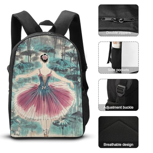 3 Piece Backpack for Women Men Lightweight Causal Daypack Shoulder Bag Set with Insulated Lunch Bag And Pencil Case Organizers Classical Ballet Elegant Ballerina3