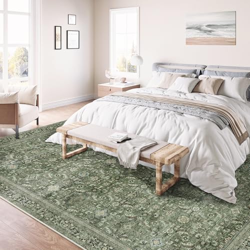 9x12 Washable Area Rug Dark Green Vintage Distressed Living Room Bedroom Large Throw Rug Non Slip Low Pile Soft Accent Indoor Floor Carpet for Dining Room Office Entryway Kitchen