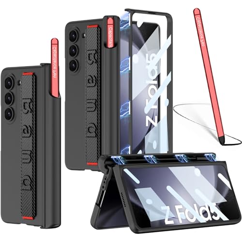 NINKI Compatible Samsung Galaxy Z Fold 5 Case with S Pen (Red) & Strap Carbon Fiber Black,360° MAGNETIC All-Inclusive Hard Cover with Screen Protector Phone Case for Samsung Z Fold 5 Case S Pen Holder