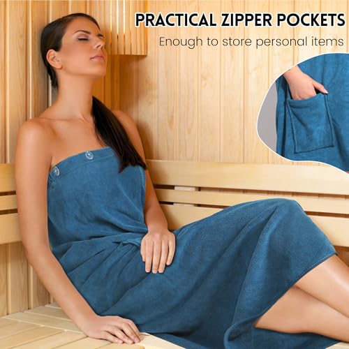 Jokisa Saunakilt Damen, Saunahandtuch mit Knöpfen–Saunatuch Damen aus 400 g/m² Mikrofaser, mit Taschen und Gummiband, Handtuchkleid Geeignet für Sauna, Badezimmer, Schwimmbad (Blue)