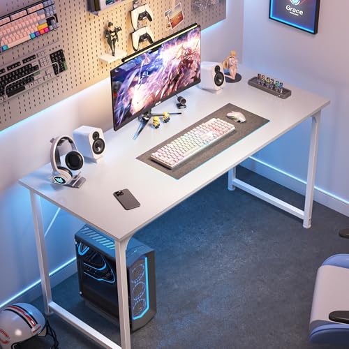 Image of Huuger Computer Desk, 48 Inch Office Desk, Gaming Desk with Storage, Writing Desk Work Desk for Home Office, Study, Modern Simple Desk, Large Legroom, Metal Frame, White